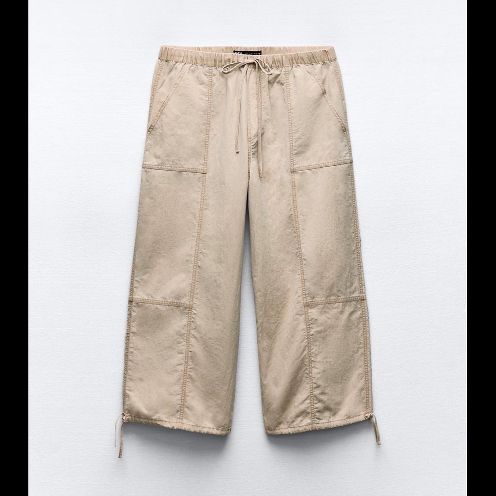 Zara Beige Wide-Leg Cropped Drawstring Pants